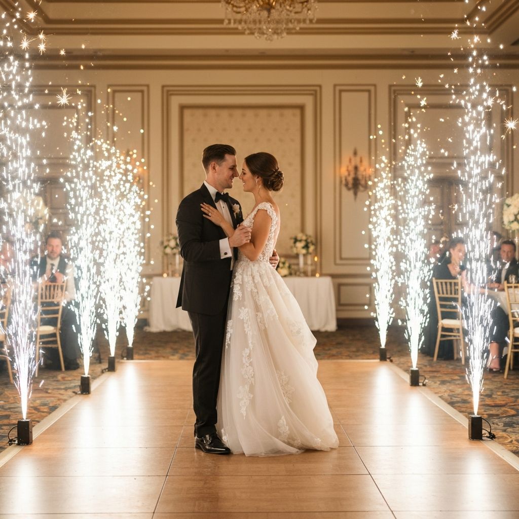 Pareja bailando con fuegos frios en su casamiento